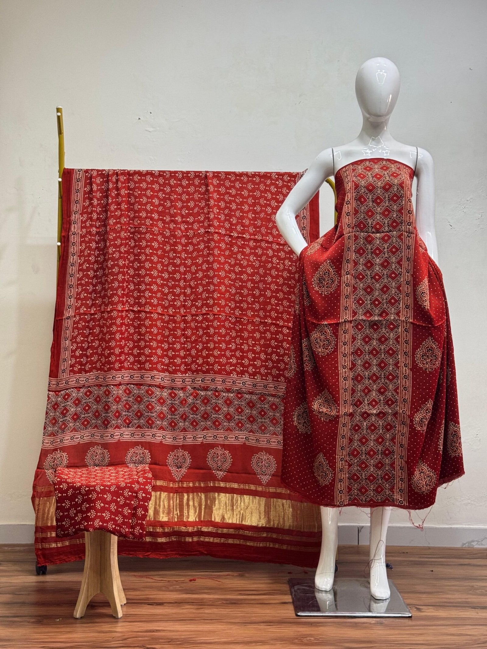 Havi Modal Silk Ajrakh Hand Block Print Neptol Dye & Discharge Print 3-Piece Suit Set