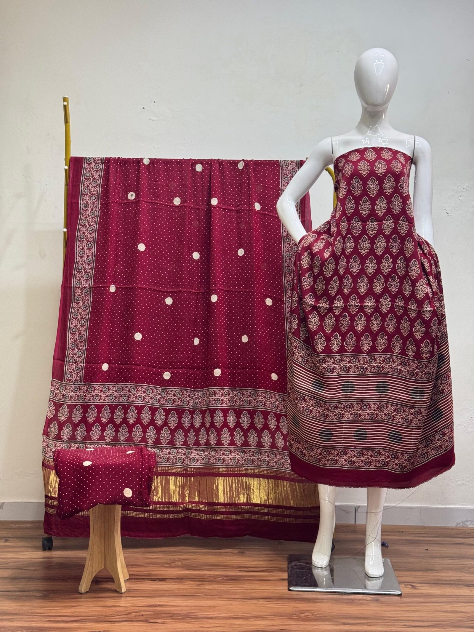 Havi Modal Silk Ajrakh Hand Block Print Neptol Dye & Discharge Print 3-Piece Suit Set