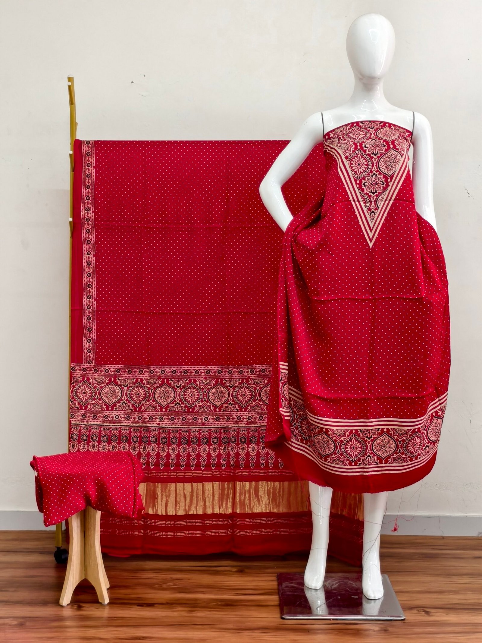 Havi Modal Silk Ajrakh Hand Block Print Neptol Dye & Discharge Print 3-Piece Suit Set