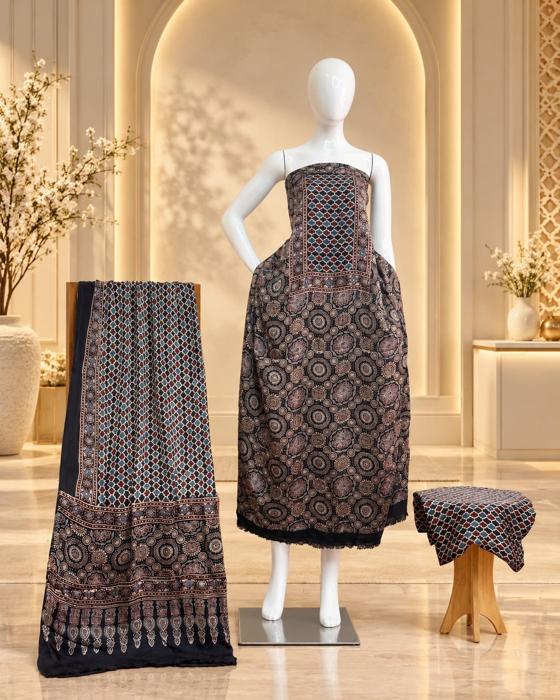 Havi Pure Modal Silk Ajrakh Natural Dye 3-Piece Suit 011