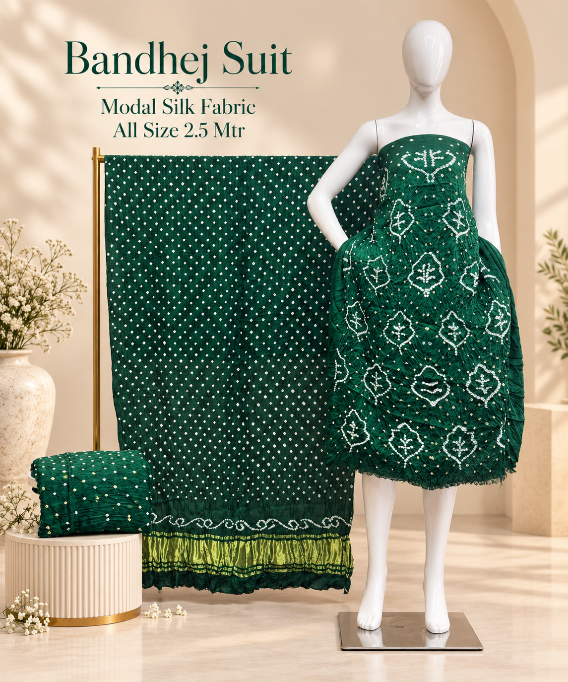 Premium Barik Bandhej Modal Silk 3-Piece Suit with Tissue Pallu