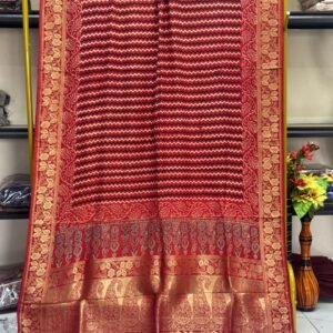Dola Silk Ajrakh Hand Block Print Natural Dye Zari Pallu Dupatta 12