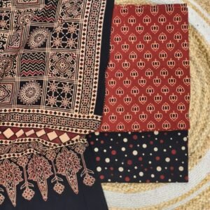 Pure Cotton Ajrakh Screen Print Natural Dye 3-Piece Suit 03