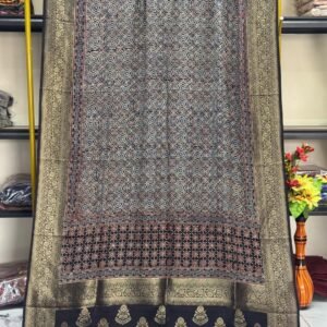 Dola Silk Ajrakh Hand Block Print Natural Dye Zari Pallu Dupatta 16