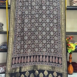 Dola Silk Ajrakh Hand Block Print Natural Dye Zari Pallu Dupatta 03