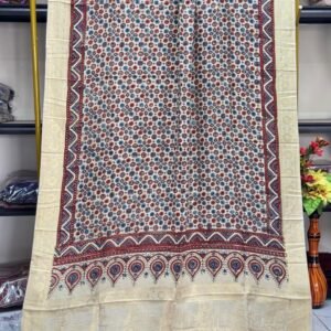 Dola Silk Ajrakh Hand Block Print Natural Dye Zari Pallu Dupatta 10