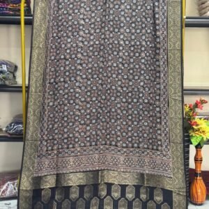 Dola Silk Ajrakh Hand Block Print Natural Dye Zari Pallu Dupatta 01