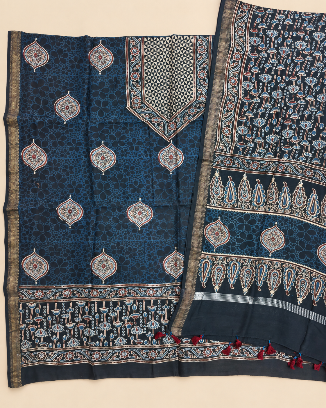 Premium Ajrakh Maheswari Silk 2-Piece Suit Set