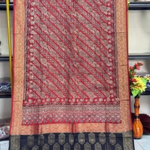 Dola Silk Ajrakh Hand Block Print Natural Dye Zari Pallu Dupatta 19