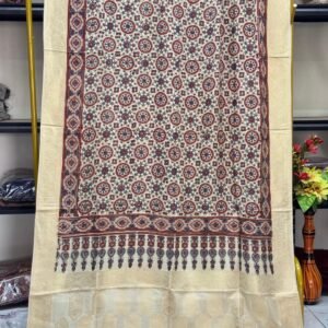 Dola Silk Ajrakh Hand Block Print Natural Dye Zari Pallu Dupatta 07