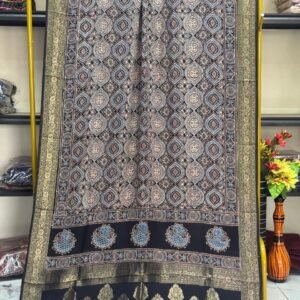 Dola Silk Ajrakh Hand Block Print Natural Dye Zari Pallu Dupatta 21