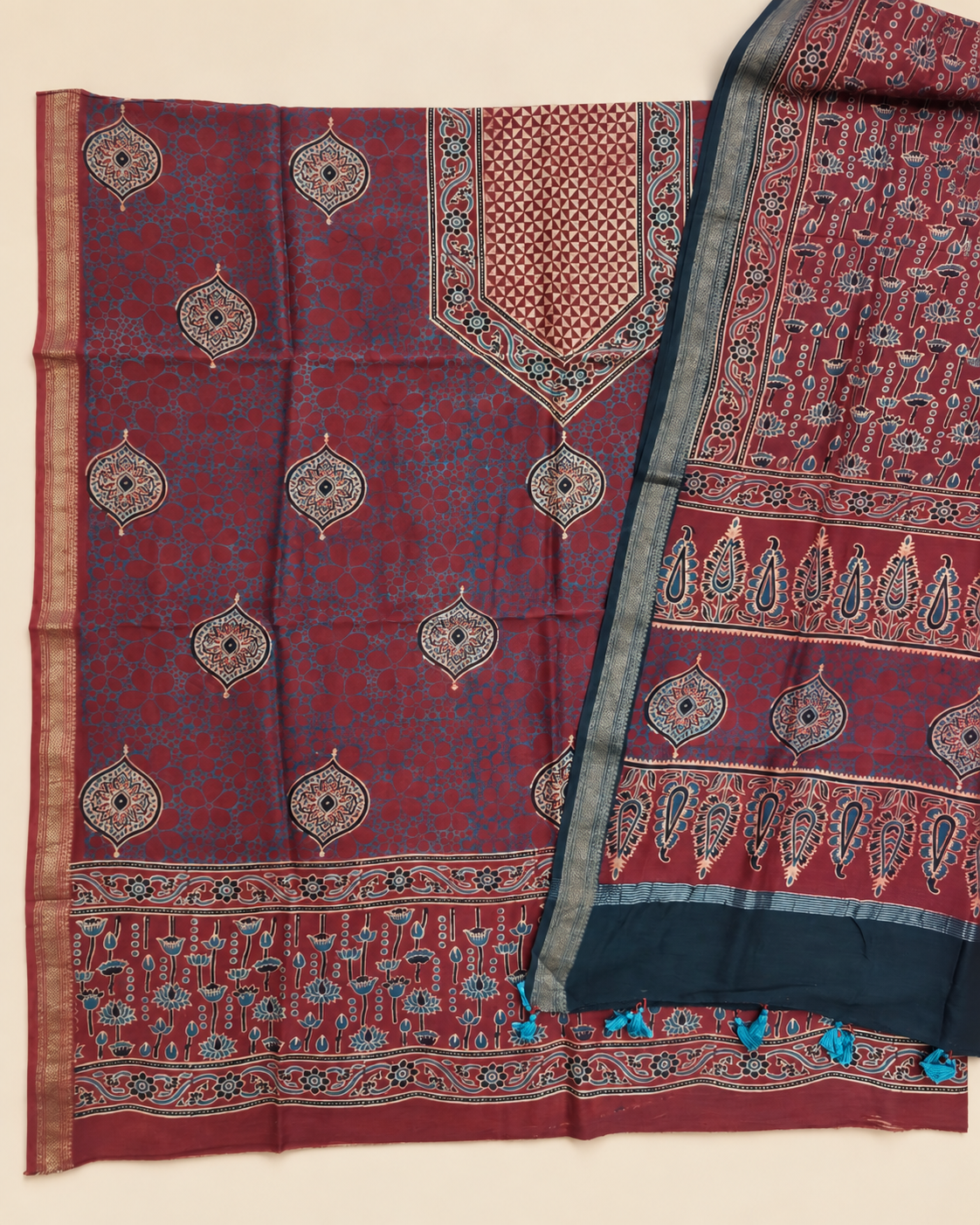 Premium Ajrakh Maheswari Silk 2-Piece Suit Set