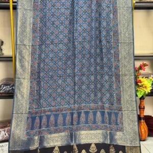 Dola Silk Ajrakh Hand Block Print Natural Dye Zari Pallu Dupatta 13