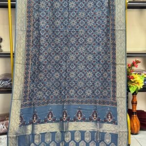 Dola Silk Ajrakh Hand Block Print Natural Dye Zari Pallu Dupatta 09
