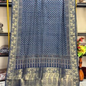 Dola Silk Ajrakh Hand Block Print Natural Dye Zari Pallu Dupatta 14