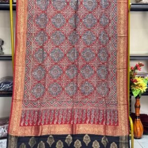 Dola Silk Ajrakh Hand Block Print Natural Dye Zari Pallu Dupatta 04