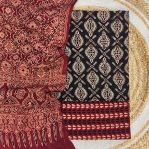 Pure Cotton Ajrakh Screen Print Natural Dye 3-Piece Suit 16