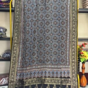 Dola Silk Ajrakh Hand Block Print Natural Dye Zari Pallu Dupatta 18