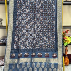 Dola Silk Ajrakh Hand Block Print Natural Dye Zari Pallu Dupatta 11