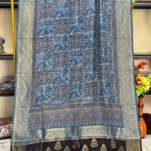 Dola Silk Ajrakh Hand Block Print Natural Dye Zari Pallu Dupatta 15