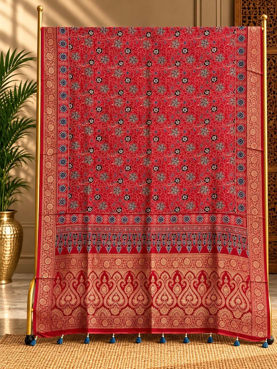 Dola Silk Ajrakh Hand Block Print Natural Dye Dupatta