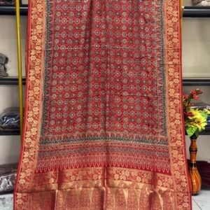 Dola Silk Ajrakh Hand Block Print Natural Dye Zari Pallu Dupatta 02
