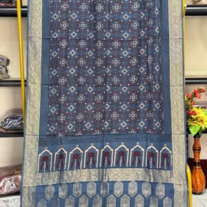 Dola Silk Ajrakh Hand Block Print Natural Dye Zari Pallu Dupatta 05