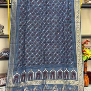 Dola Silk Ajrakh Hand Block Print Natural Dye Zari Pallu Dupatta 06