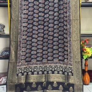 Dola Silk Ajrakh Hand Block Print Natural Dye Zari Pallu Dupatta 08