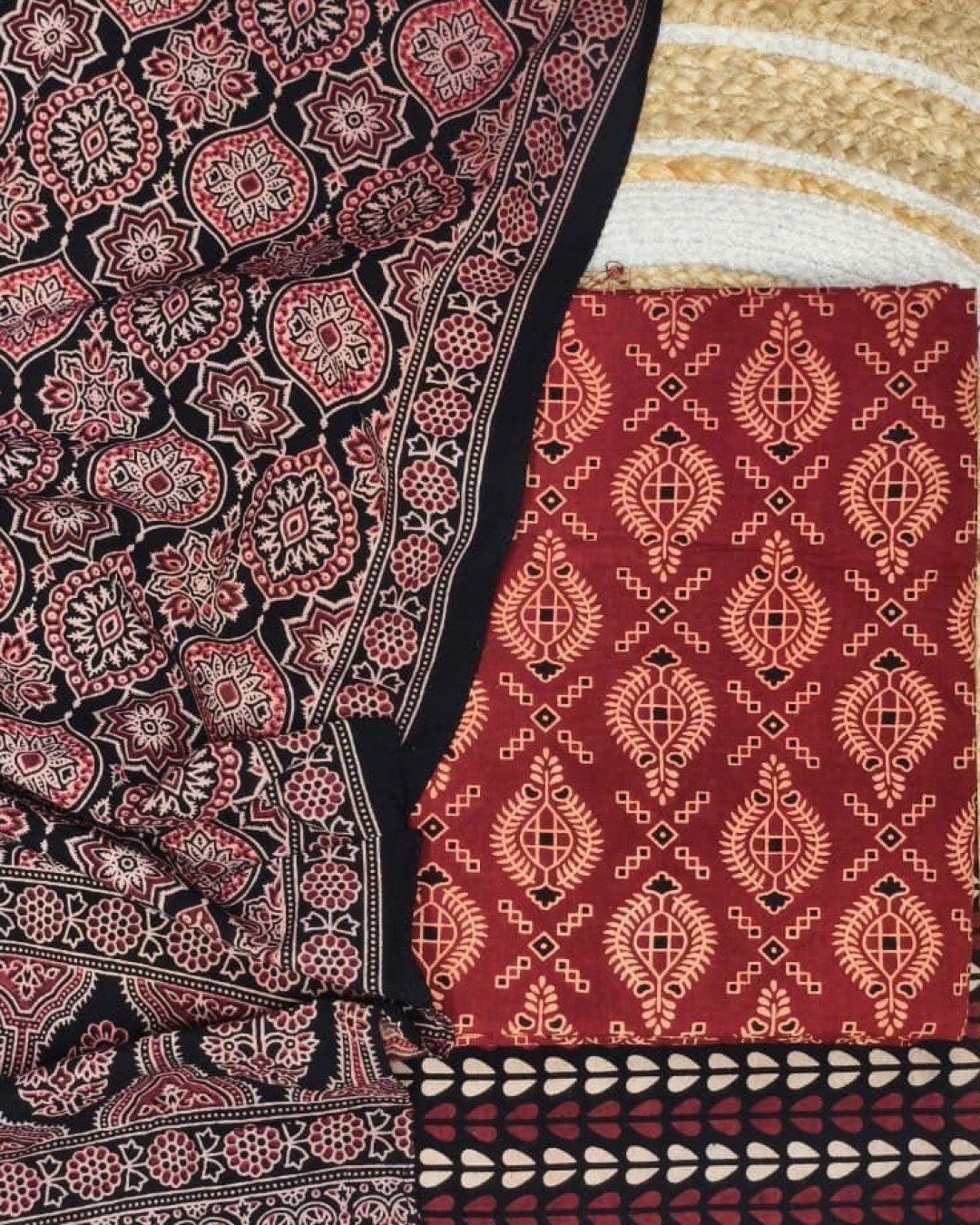 Pure Cotton Ajrakh Screen Print Natural Dye 3-Piece Suit 05 - Image 2