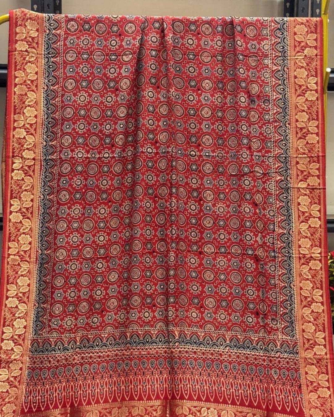 Dola Silk Ajrakh Hand Block Print Natural Dye Zari Pallu Dupatta 02 - Image 2