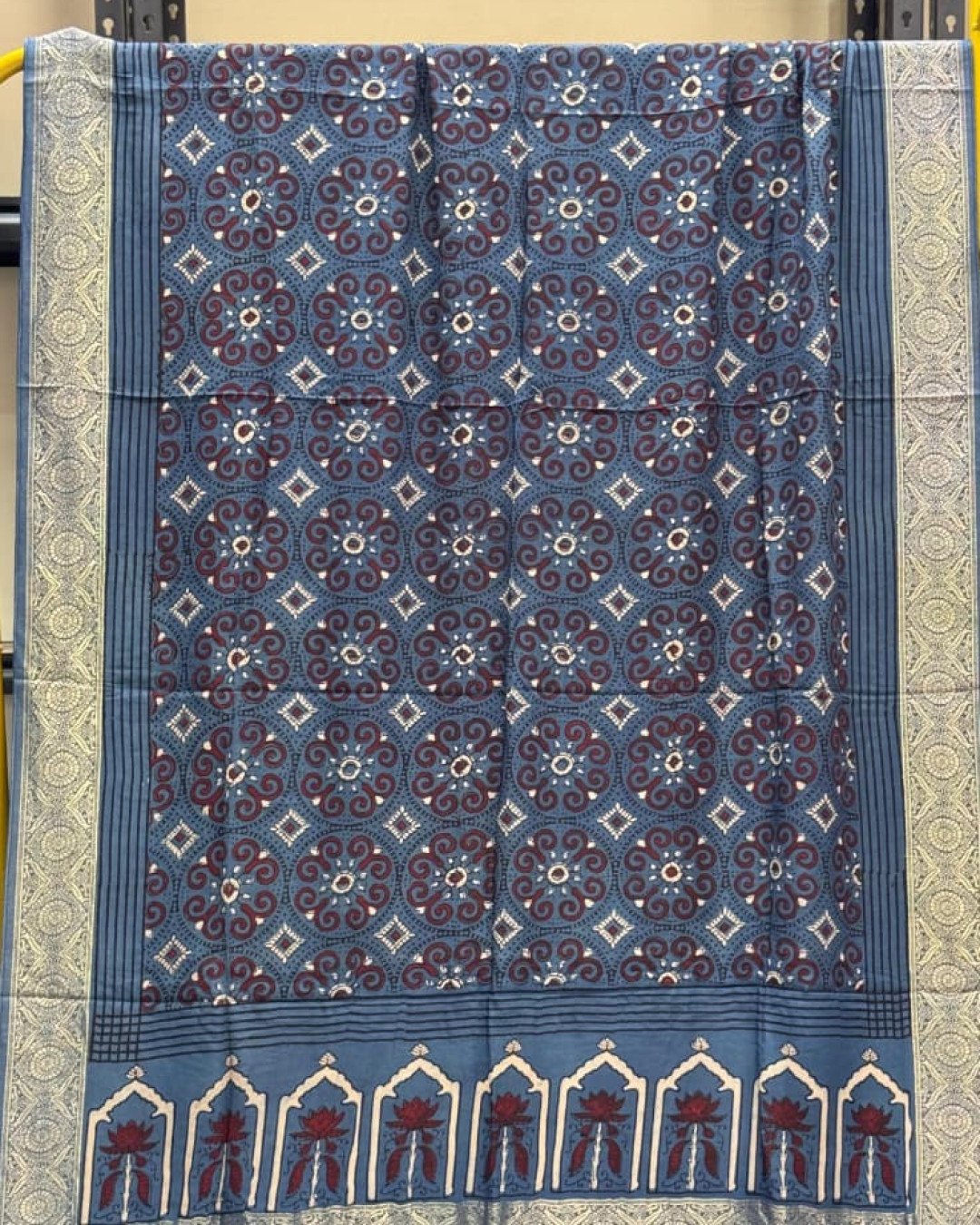 Dola Silk Ajrakh Hand Block Print Natural Dye Zari Pallu Dupatta 05 - Image 2