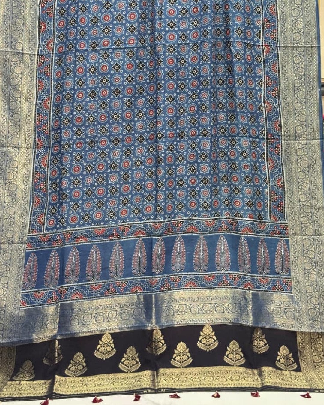 Dola Silk Ajrakh Hand Block Print Natural Dye Zari Pallu Dupatta 13 - Image 3