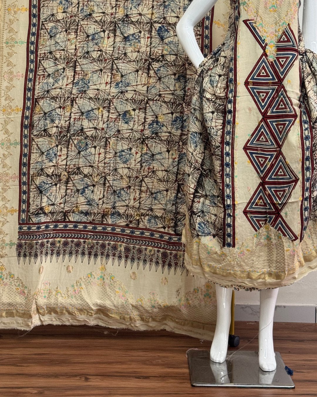 Meena Kari Dola Silk Ajrakh Hand Block Print 2-Piece Suit 01 - Image 3