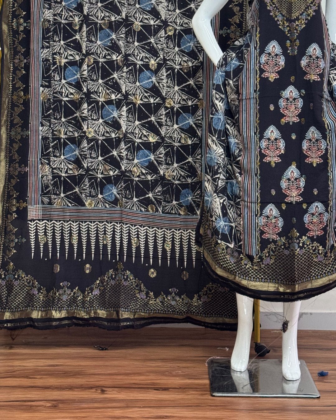 Meena Kari Dola Silk Ajrakh Hand Block Print 2-Piece Suit 03 - Image 3